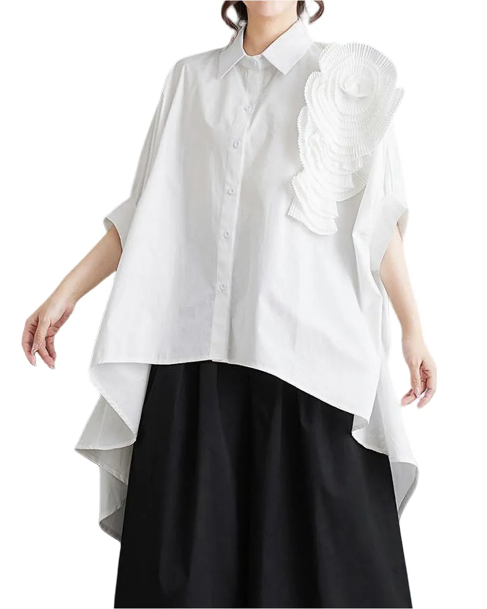 ellazhu Women Half Batwing Sleeves Flower Solid Color Button Down High Low Shirt T-Shirt GZ188