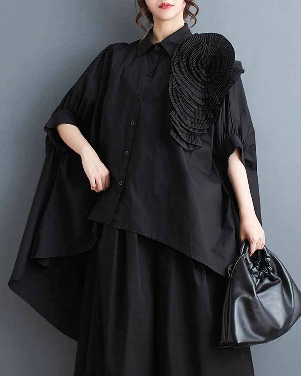 ellazhu Women Half Batwing Sleeves Flower Solid Color Button Down High Low Shirt T-Shirt GZ188