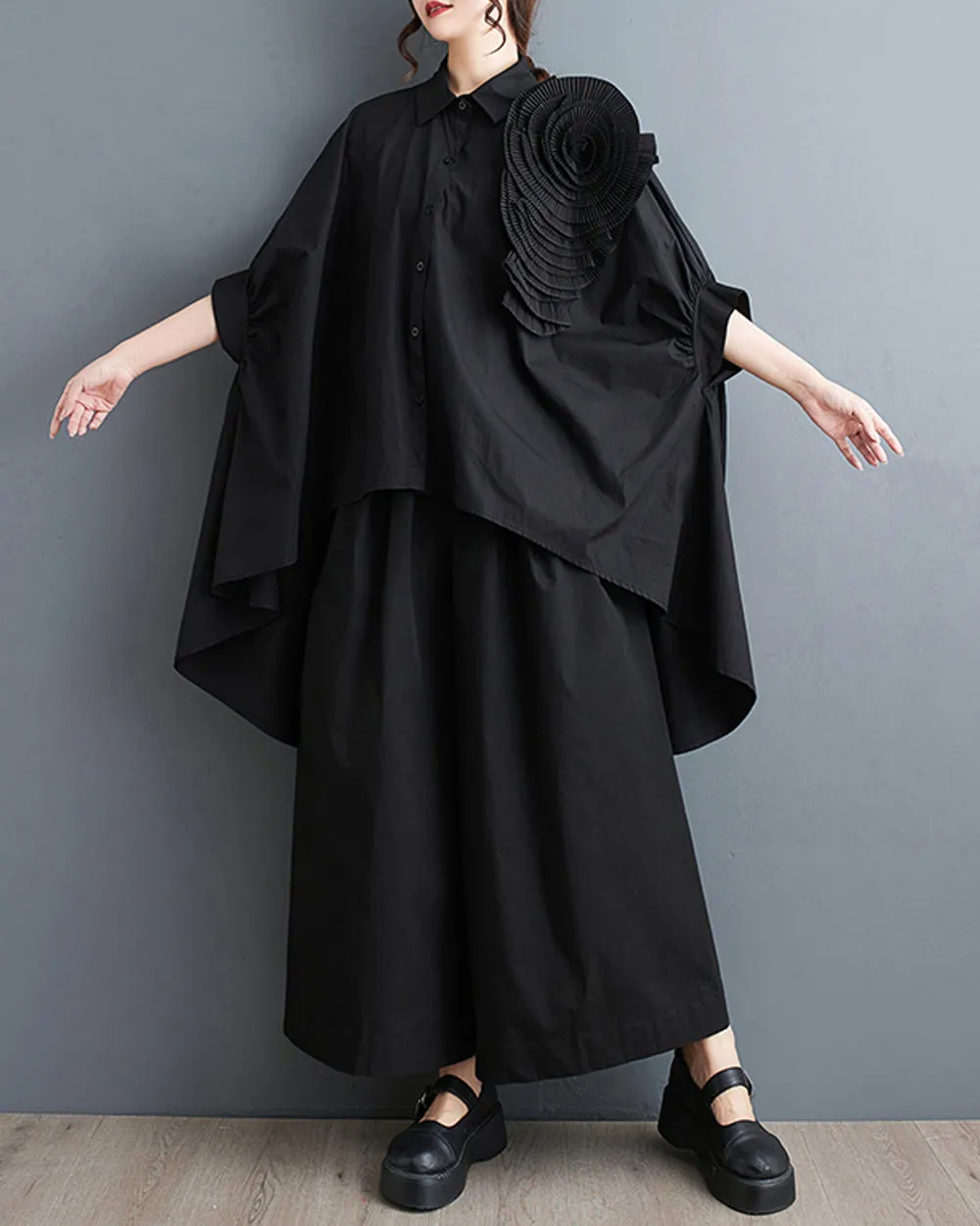 ellazhu Women Half Batwing Sleeves Flower Solid Color Button Down High Low Shirt T-Shirt GZ188