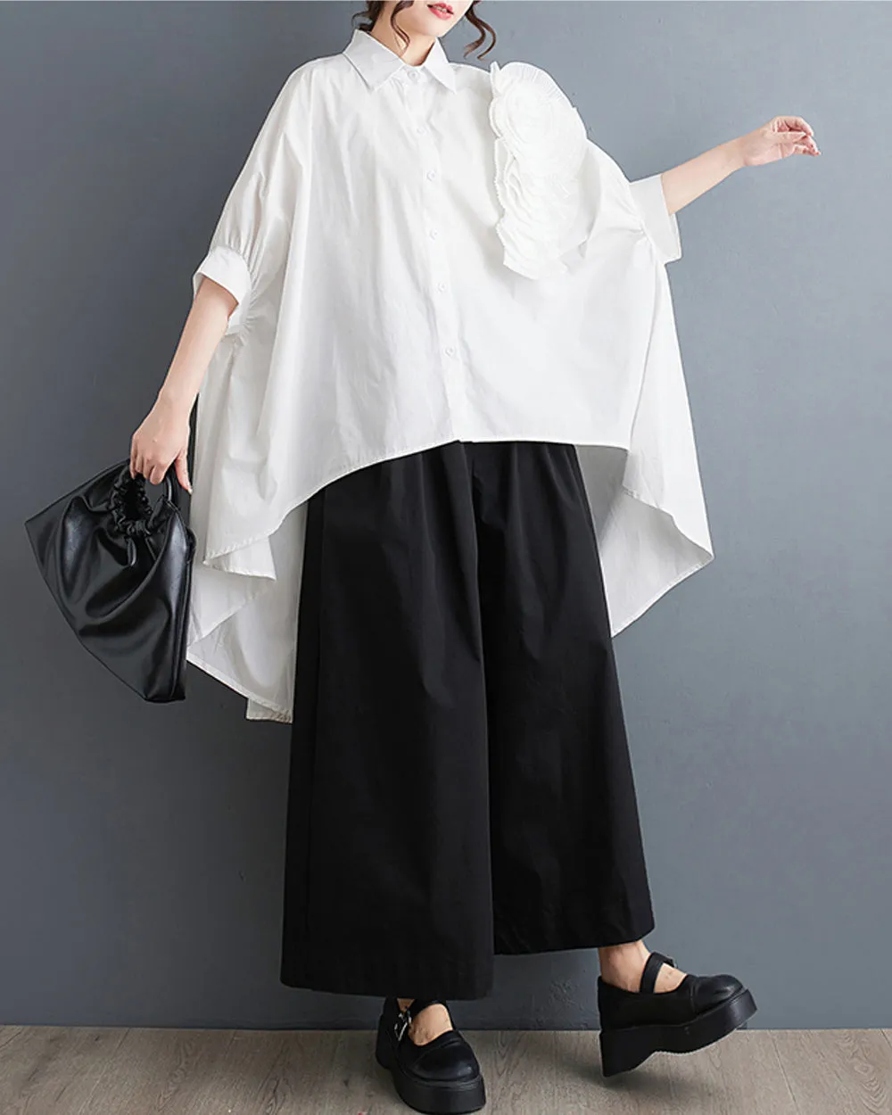ellazhu Women Half Batwing Sleeves Flower Solid Color Button Down High Low Shirt T-Shirt GZ188