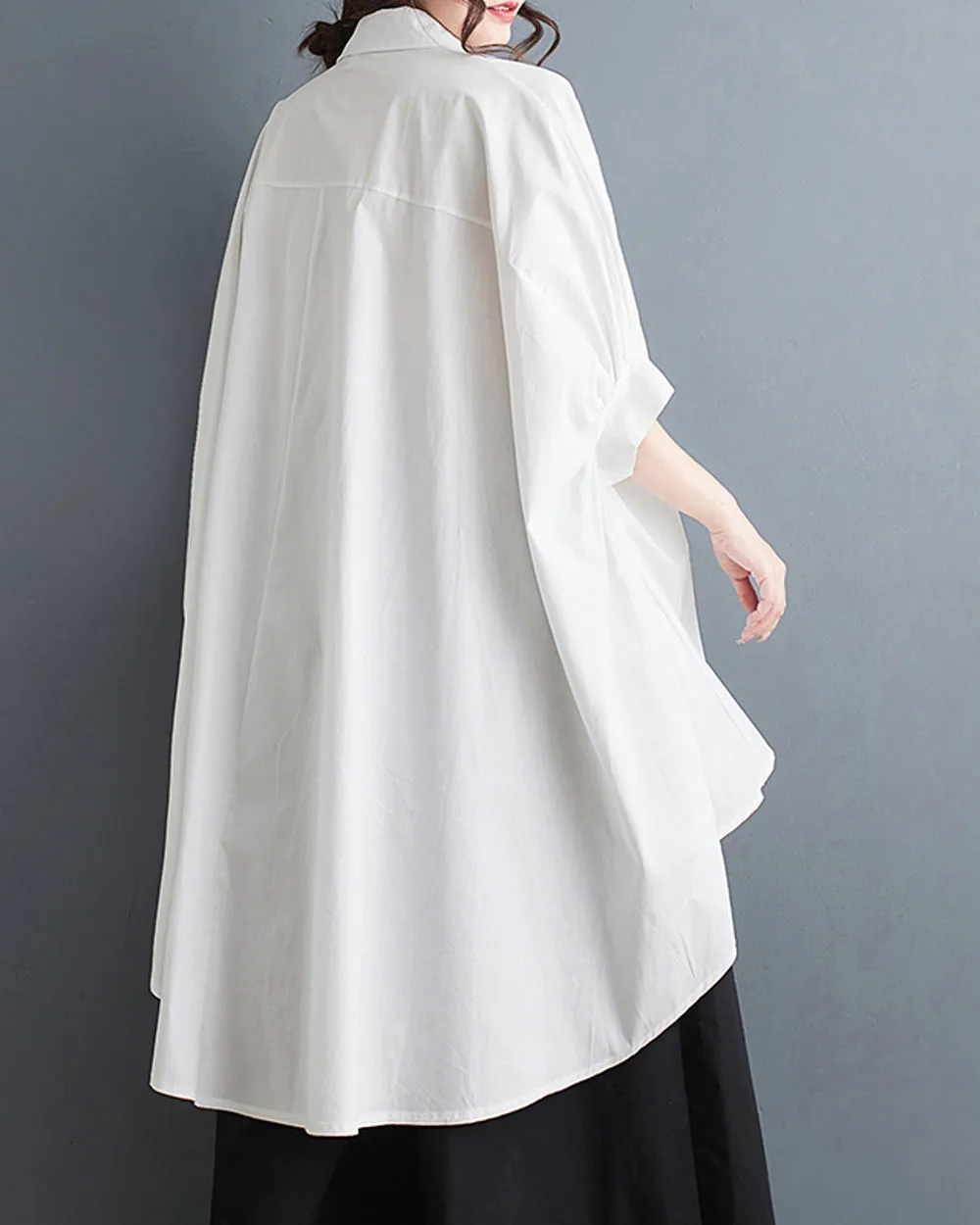 ellazhu Women Half Batwing Sleeves Flower Solid Color Button Down High Low Shirt T-Shirt GZ188