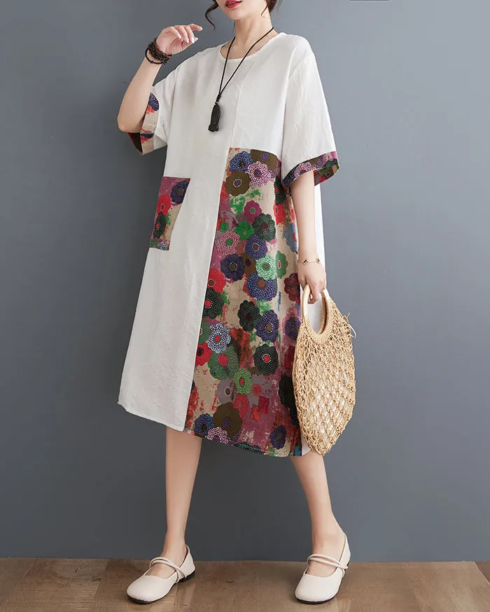 ellazhu Women's Dress Half Sleeve Crewneck Oversize Loose Floral Pattern Flowy Hem Pocket GA2749