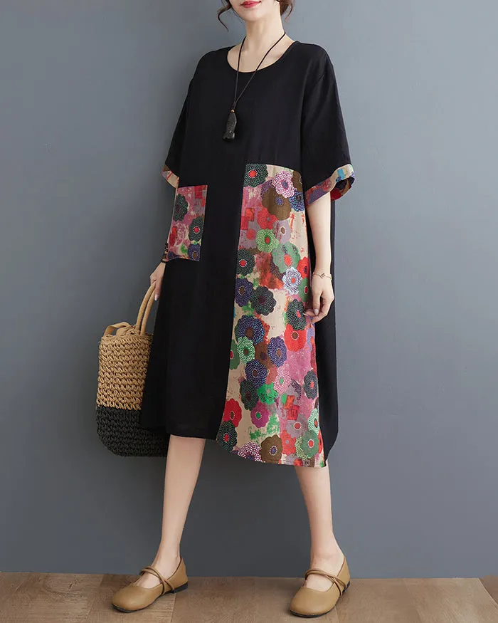 ellazhu Women's Dress Half Sleeve Crewneck Oversize Loose Floral Pattern Flowy Hem Pocket GA2749