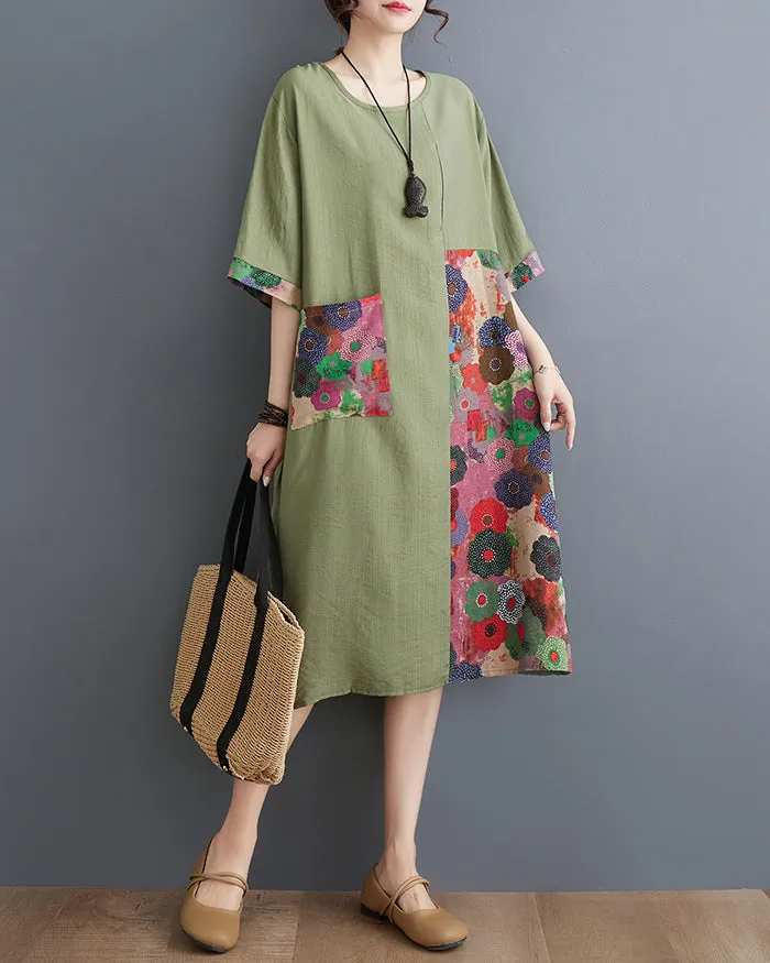 ellazhu Women's Dress Half Sleeve Crewneck Oversize Loose Floral Pattern Flowy Hem Pocket GA2749