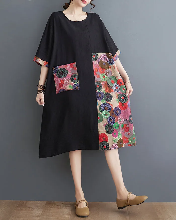 ellazhu Women's Dress Half Sleeve Crewneck Oversize Loose Floral Pattern Flowy Hem Pocket GA2749