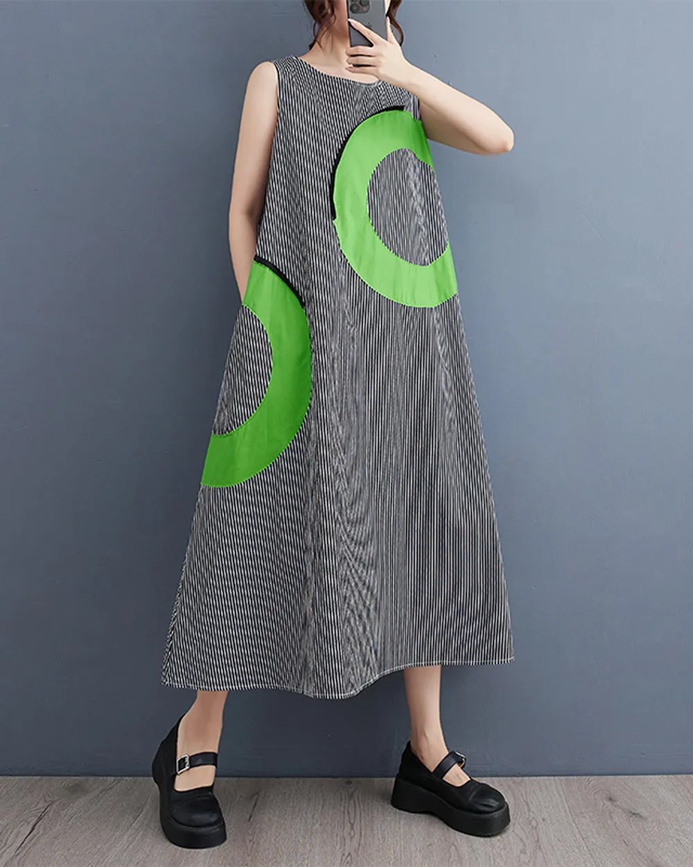 ellazhu Women's Dress Loose Oversize Sleeveless Tank Grey String Green Round Mid Length Summer GZ217