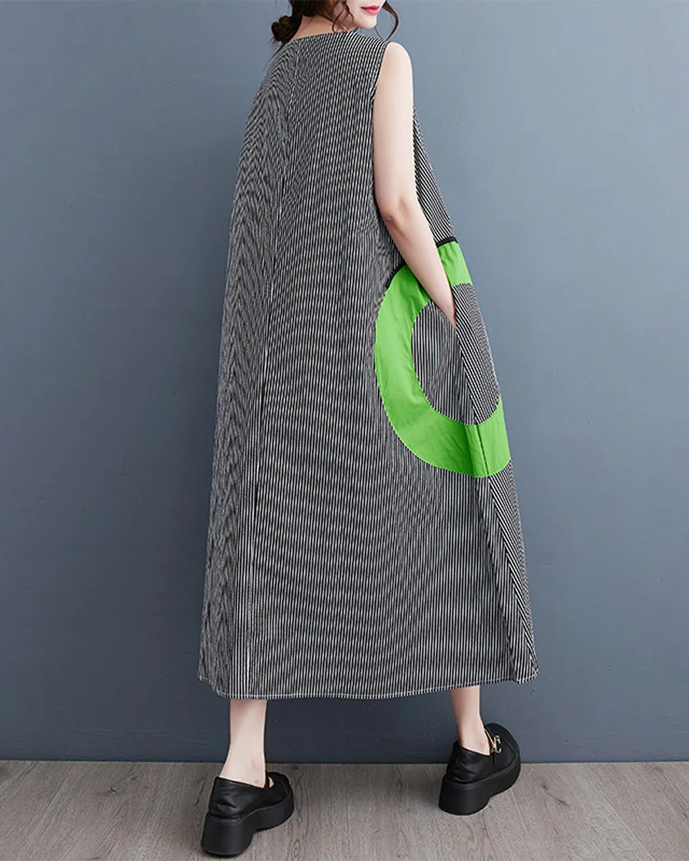 ellazhu Women's Dress Loose Oversize Sleeveless Tank Grey String Green Round Mid Length Summer GZ217