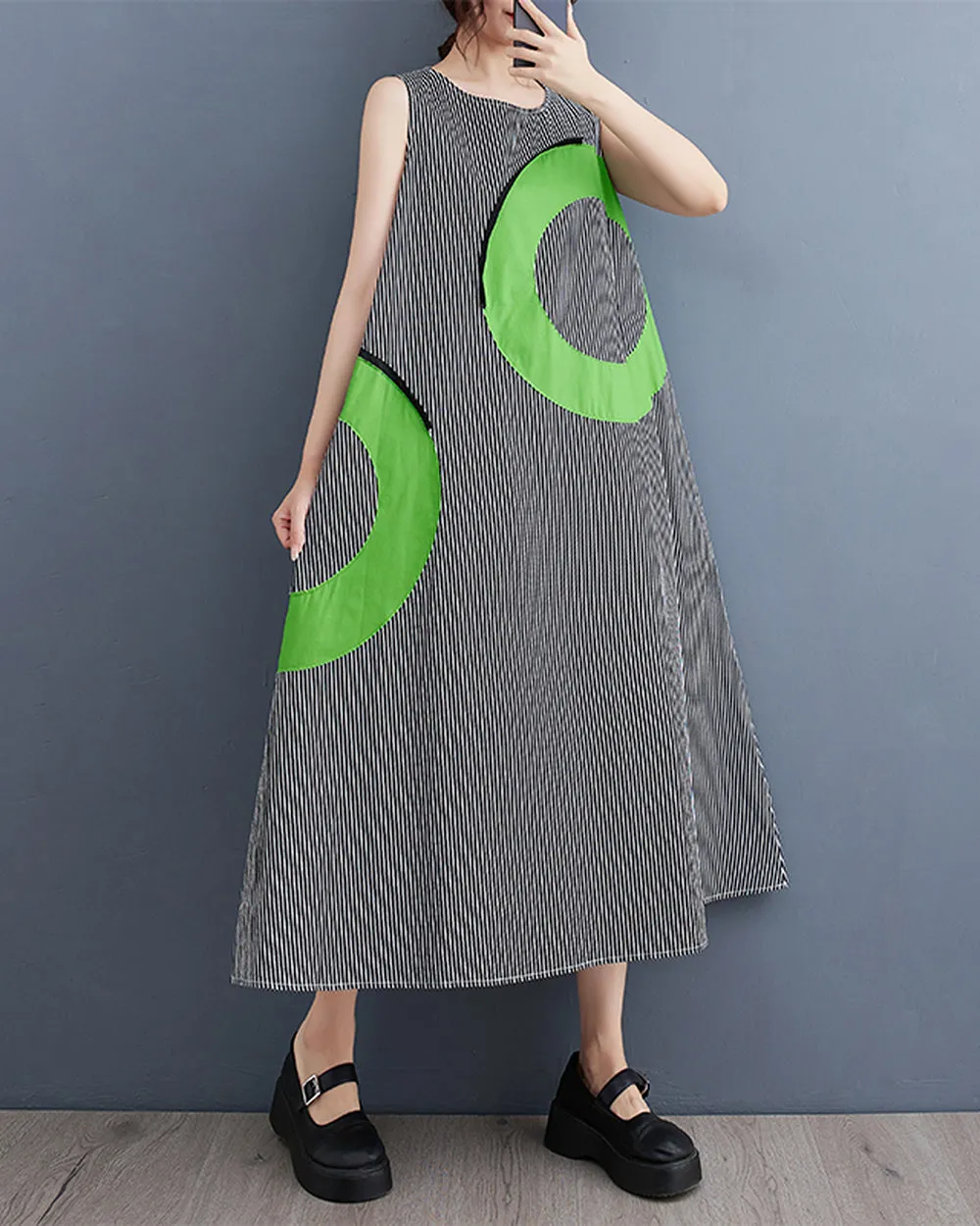 ellazhu Women's Dress Loose Oversize Sleeveless Tank Grey String Green Round Mid Length Summer GZ217