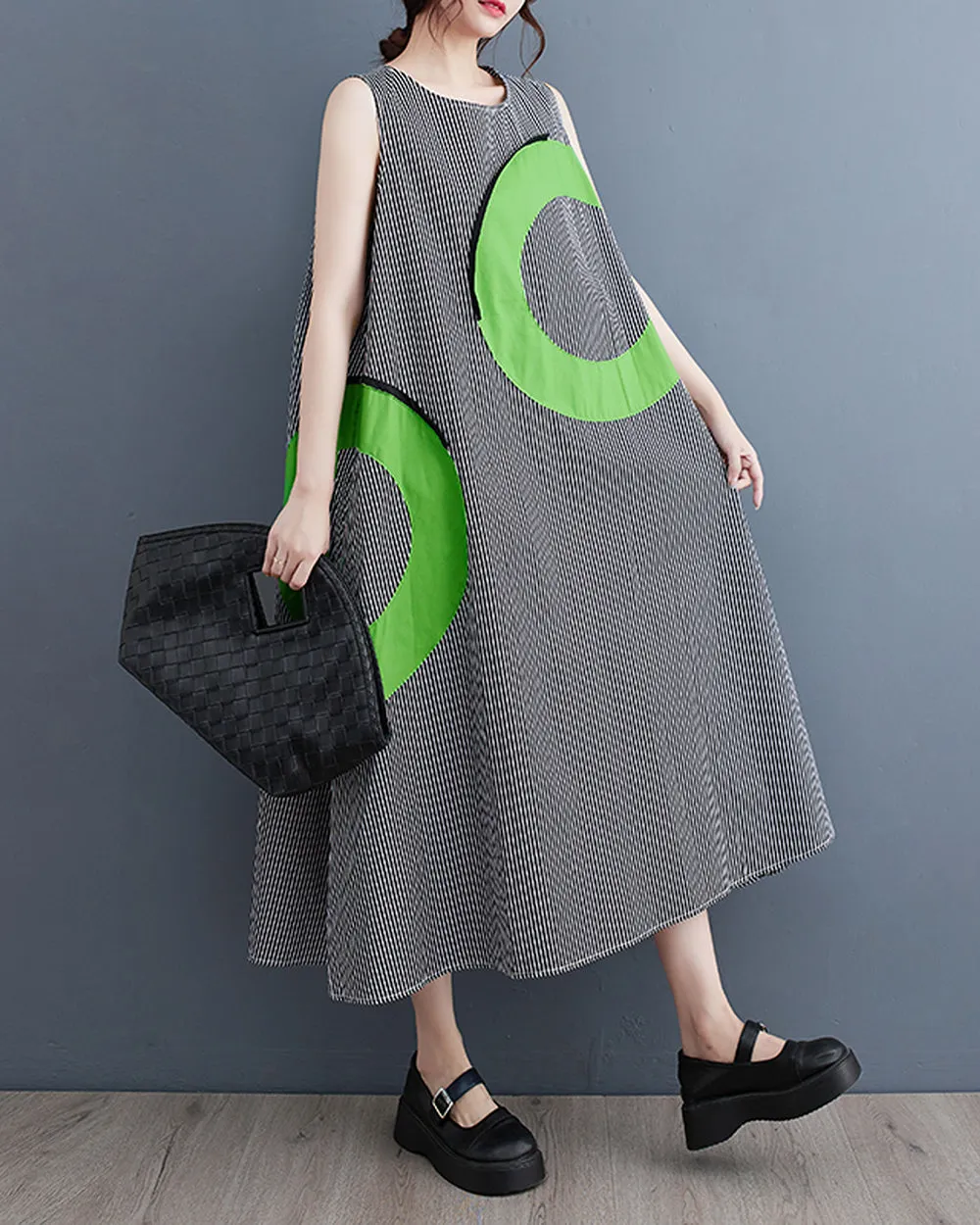 ellazhu Women's Dress Loose Oversize Sleeveless Tank Grey String Green Round Mid Length Summer GZ217