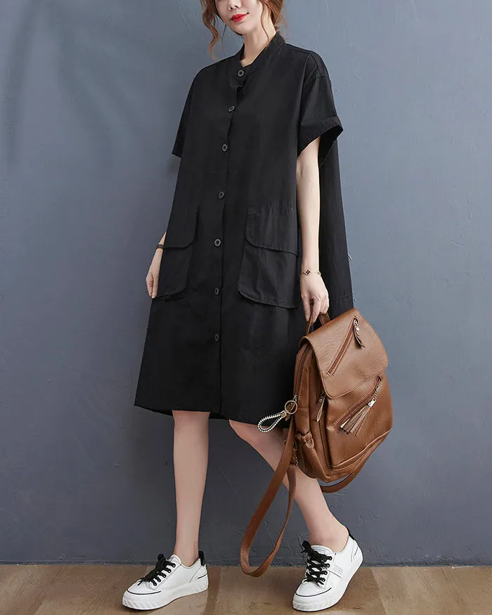 ellazhu Women's Dress Short Sleeve Button Down V-Neck Shirt Flowy Hem Pockets Spring Summer GA2744