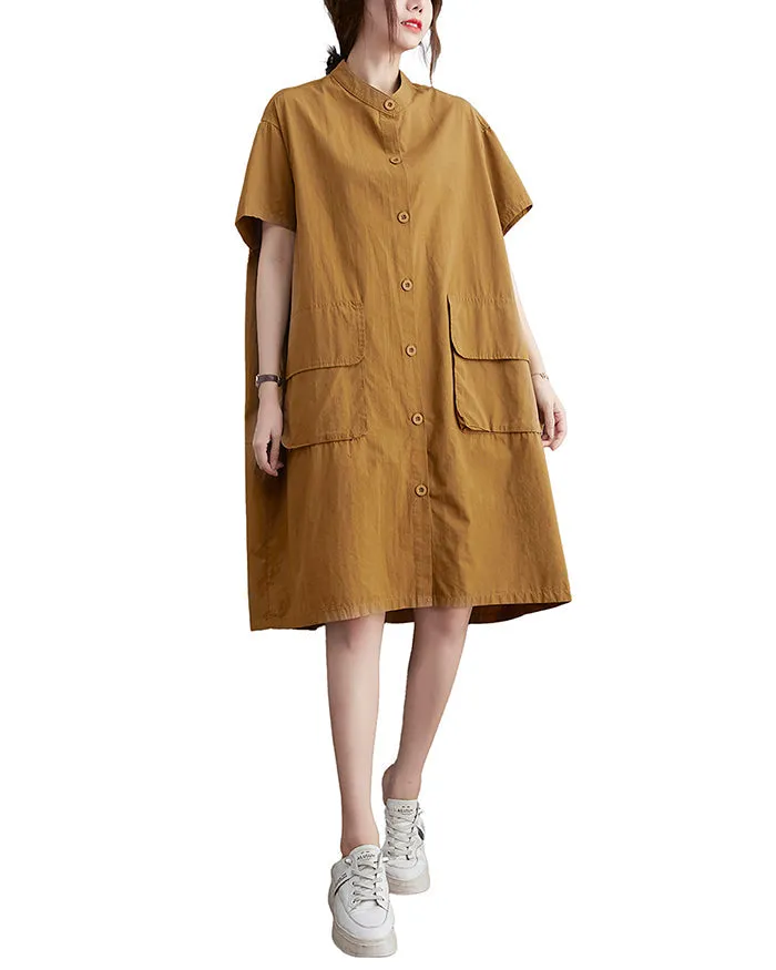 ellazhu Women's Dress Short Sleeve Button Down V-Neck Shirt Flowy Hem Pockets Spring Summer GA2744