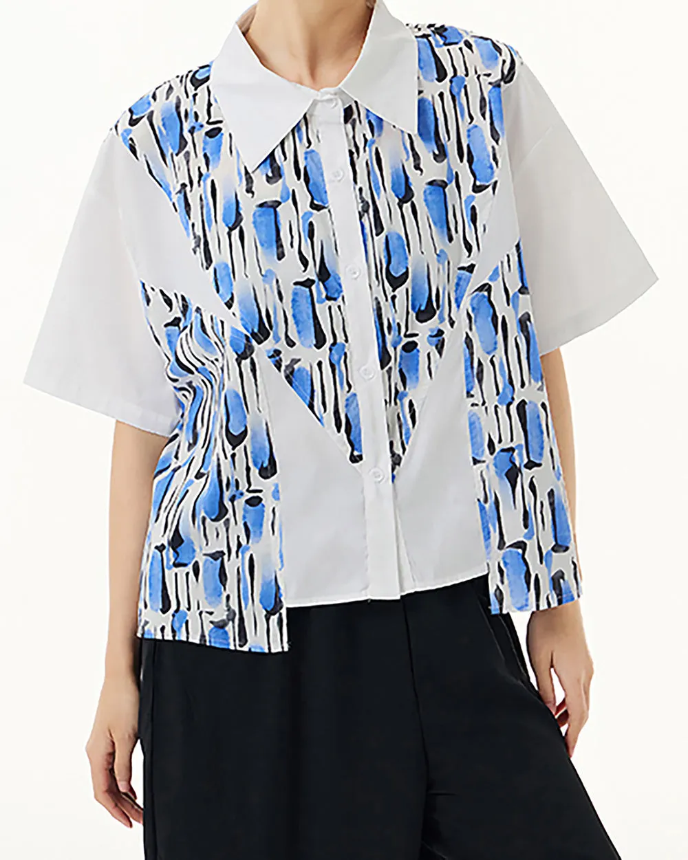 ellazhu Women's Shirt Button Down Leopard Print Short Sleeve Patchwork Lapel Loose Oversize Pattern Summer GE03