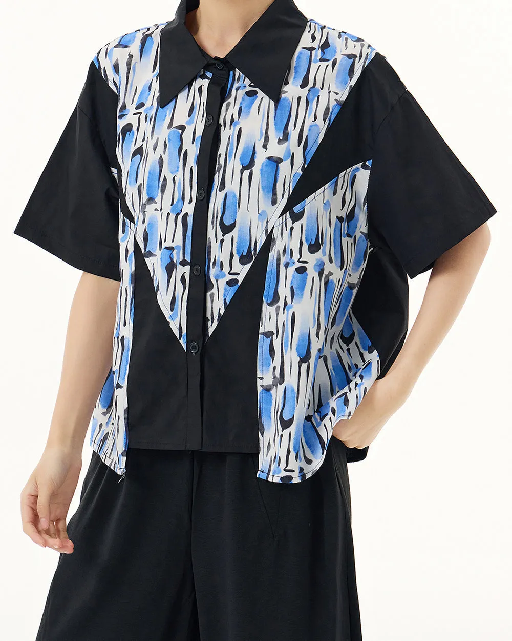 ellazhu Women's Shirt Button Down Leopard Print Short Sleeve Patchwork Lapel Loose Oversize Pattern Summer GE03