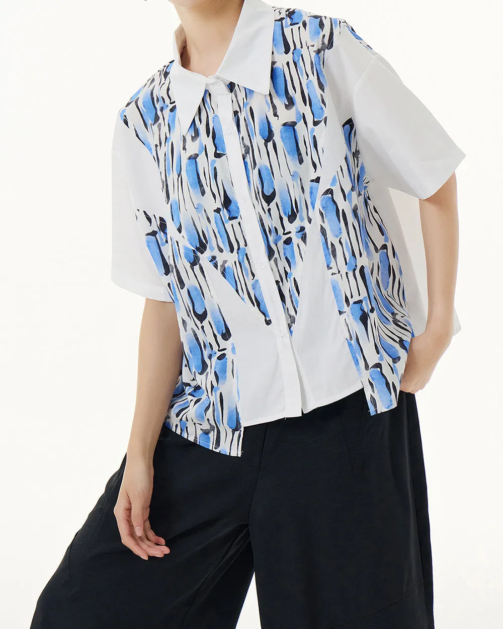 ellazhu Women's Shirt Button Down Leopard Print Short Sleeve Patchwork Lapel Loose Oversize Pattern Summer GE03