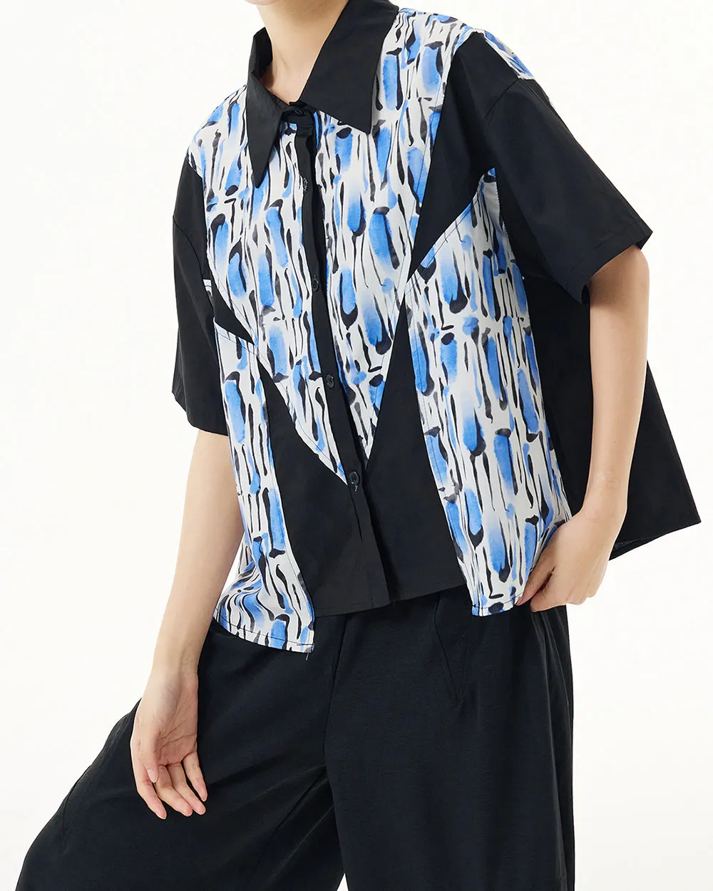 ellazhu Women's Shirt Button Down Leopard Print Short Sleeve Patchwork Lapel Loose Oversize Pattern Summer GE03
