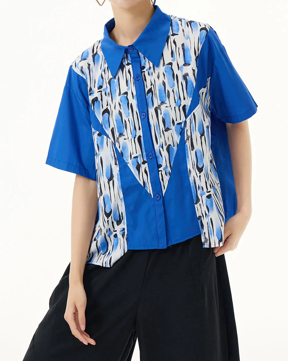 ellazhu Women's Shirt Button Down Leopard Print Short Sleeve Patchwork Lapel Loose Oversize Pattern Summer GE03