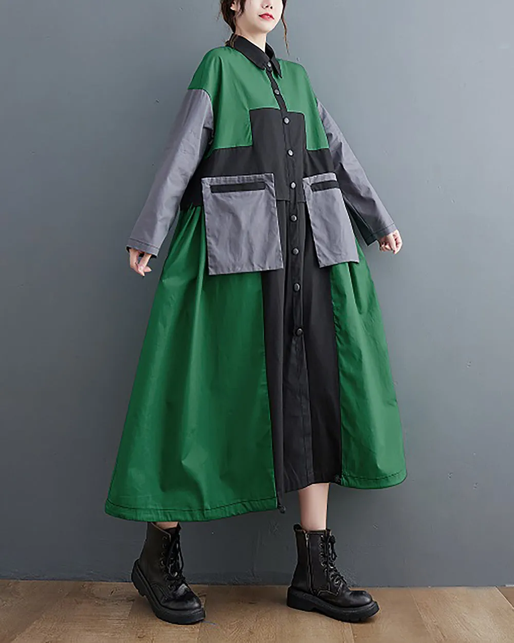 ellazhu Women's Shirt Dress Button Down Lapel Color Block Two Side Pockets Loose Oversize Fall GZ246