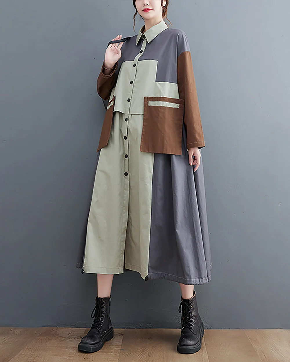 ellazhu Women's Shirt Dress Button Down Lapel Color Block Two Side Pockets Loose Oversize Fall GZ246