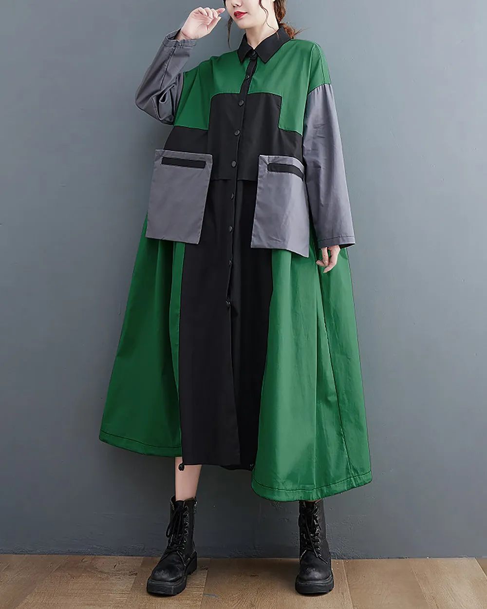 ellazhu Women's Shirt Dress Button Down Lapel Color Block Two Side Pockets Loose Oversize Fall GZ246