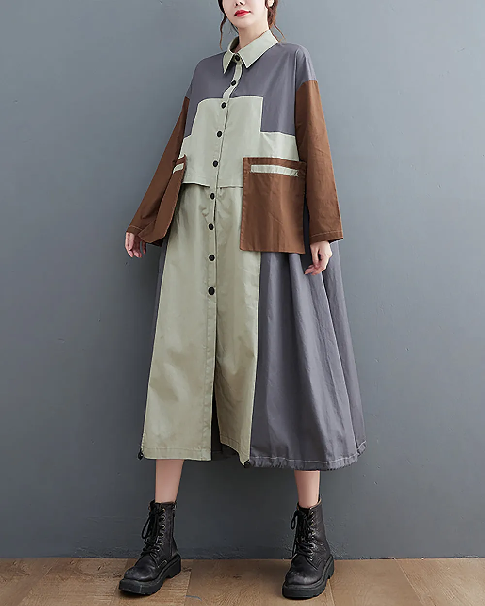 ellazhu Women's Shirt Dress Button Down Lapel Color Block Two Side Pockets Loose Oversize Fall GZ246