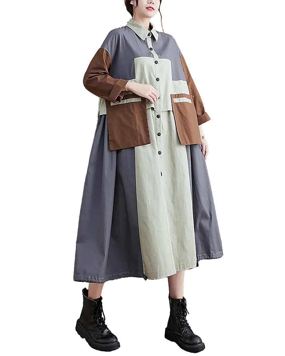 ellazhu Women's Shirt Dress Button Down Lapel Color Block Two Side Pockets Loose Oversize Fall GZ246