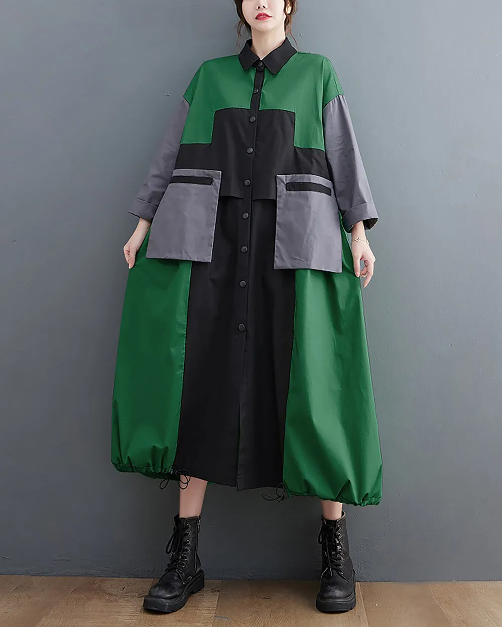 ellazhu Women's Shirt Dress Button Down Lapel Color Block Two Side Pockets Loose Oversize Fall GZ246
