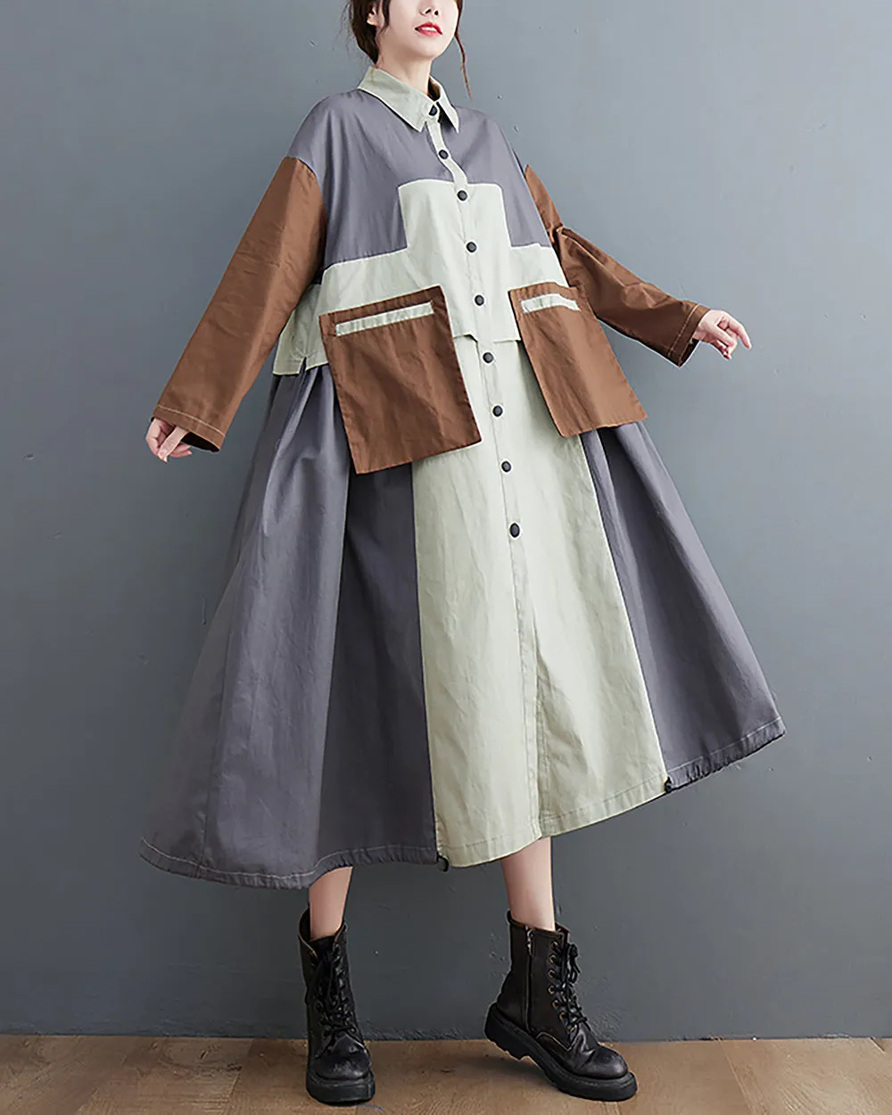 ellazhu Women's Shirt Dress Button Down Lapel Color Block Two Side Pockets Loose Oversize Fall GZ246