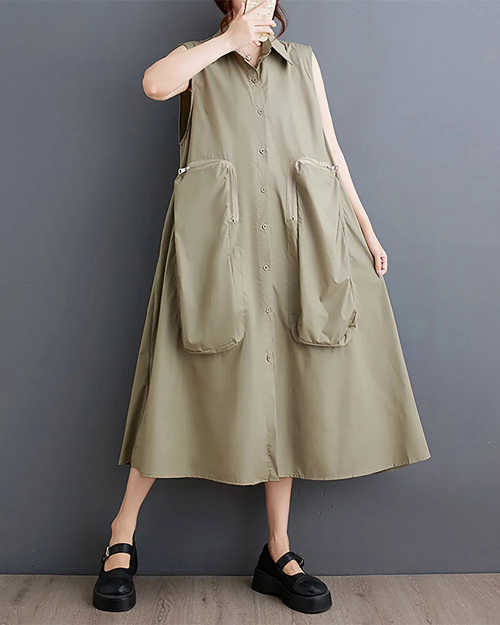 ellazhu Women's Shirt Dress Button Down Pockets Zipper Sleeveless Lapel Solid Loose Oversize Summer GZ228