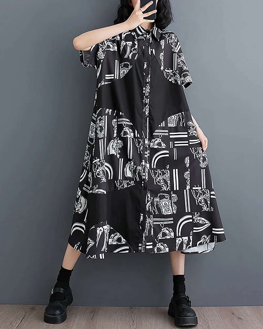 ellazhu Women's Shirt Dress Button Down Short Sleeve Lapel Mid Length Pattern Loose Oversize Summer GZ227 Black