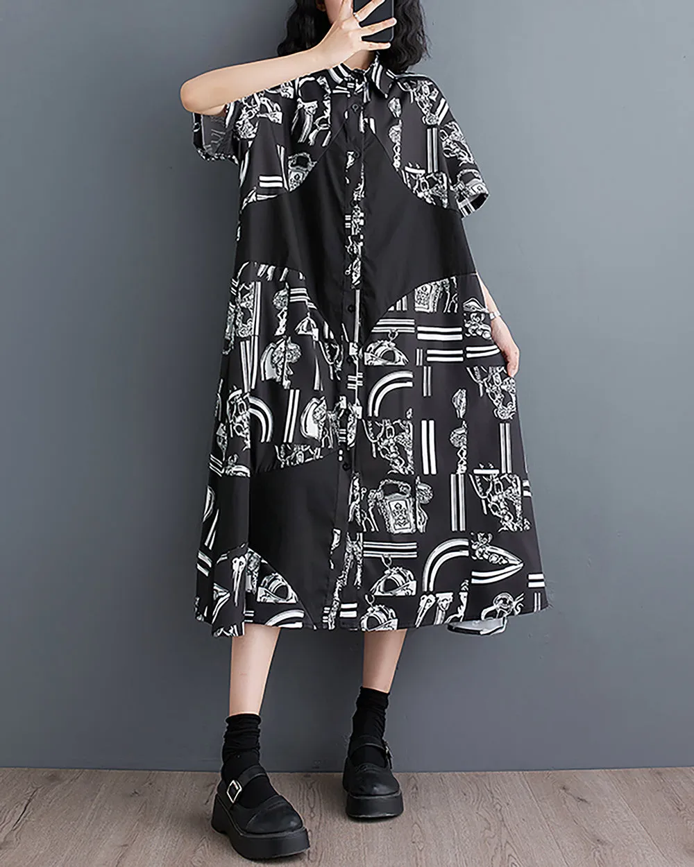 ellazhu Women's Shirt Dress Button Down Short Sleeve Lapel Mid Length Pattern Loose Oversize Summer GZ227 Black