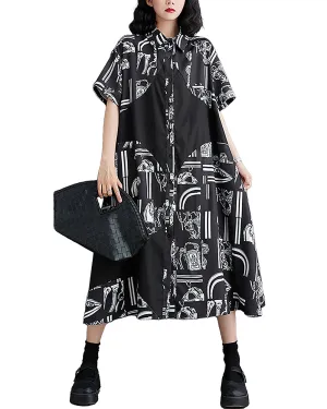 ellazhu Women's Shirt Dress Button Down Short Sleeve Lapel Mid Length Pattern Loose Oversize Summer GZ227 Black