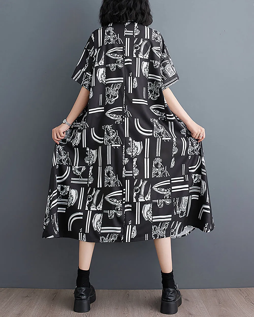 ellazhu Women's Shirt Dress Button Down Short Sleeve Lapel Mid Length Pattern Loose Oversize Summer GZ227 Black