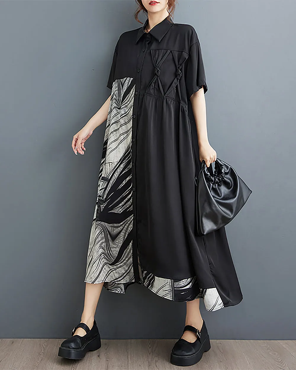 ellazhu Women's Shirt Dress Button Down Short Sleeve Lapel Patchwork Loose Oversize Summer Irregular Hem GZ226 Black