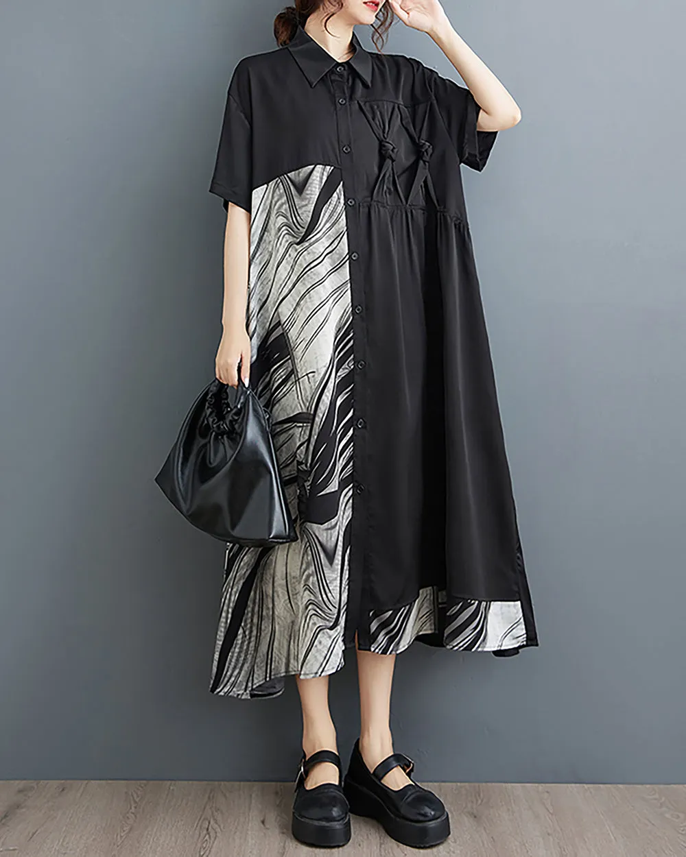 ellazhu Women's Shirt Dress Button Down Short Sleeve Lapel Patchwork Loose Oversize Summer Irregular Hem GZ226 Black