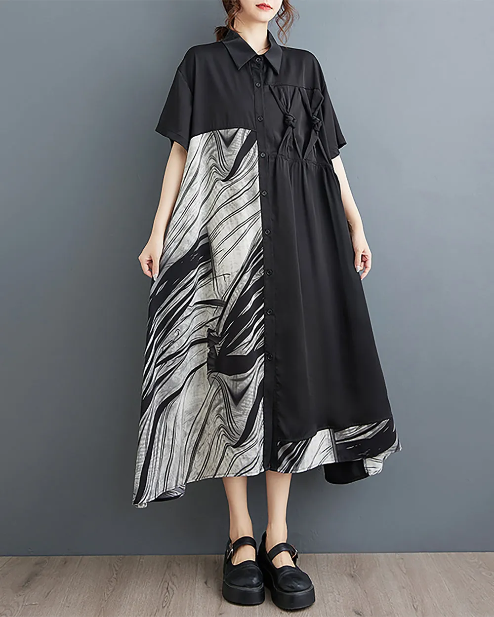ellazhu Women's Shirt Dress Button Down Short Sleeve Lapel Patchwork Loose Oversize Summer Irregular Hem GZ226 Black