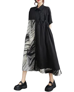 ellazhu Women's Shirt Dress Button Down Short Sleeve Lapel Patchwork Loose Oversize Summer Irregular Hem GZ226 Black