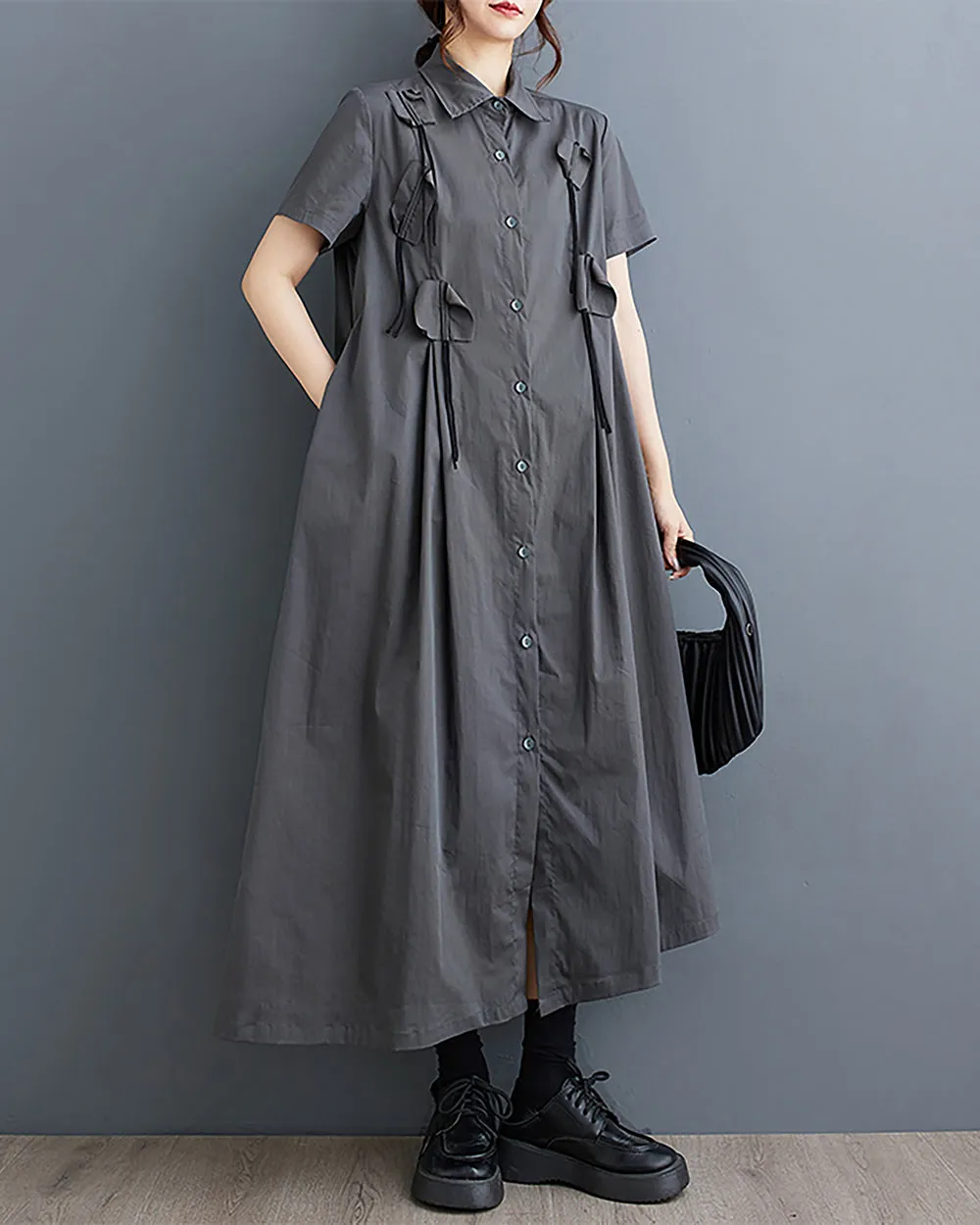 ellazhu Women's Shirt Dress Button Down Short Sleeve Lapel Solid Loose Oversize Flowy Hem Summer GZ229