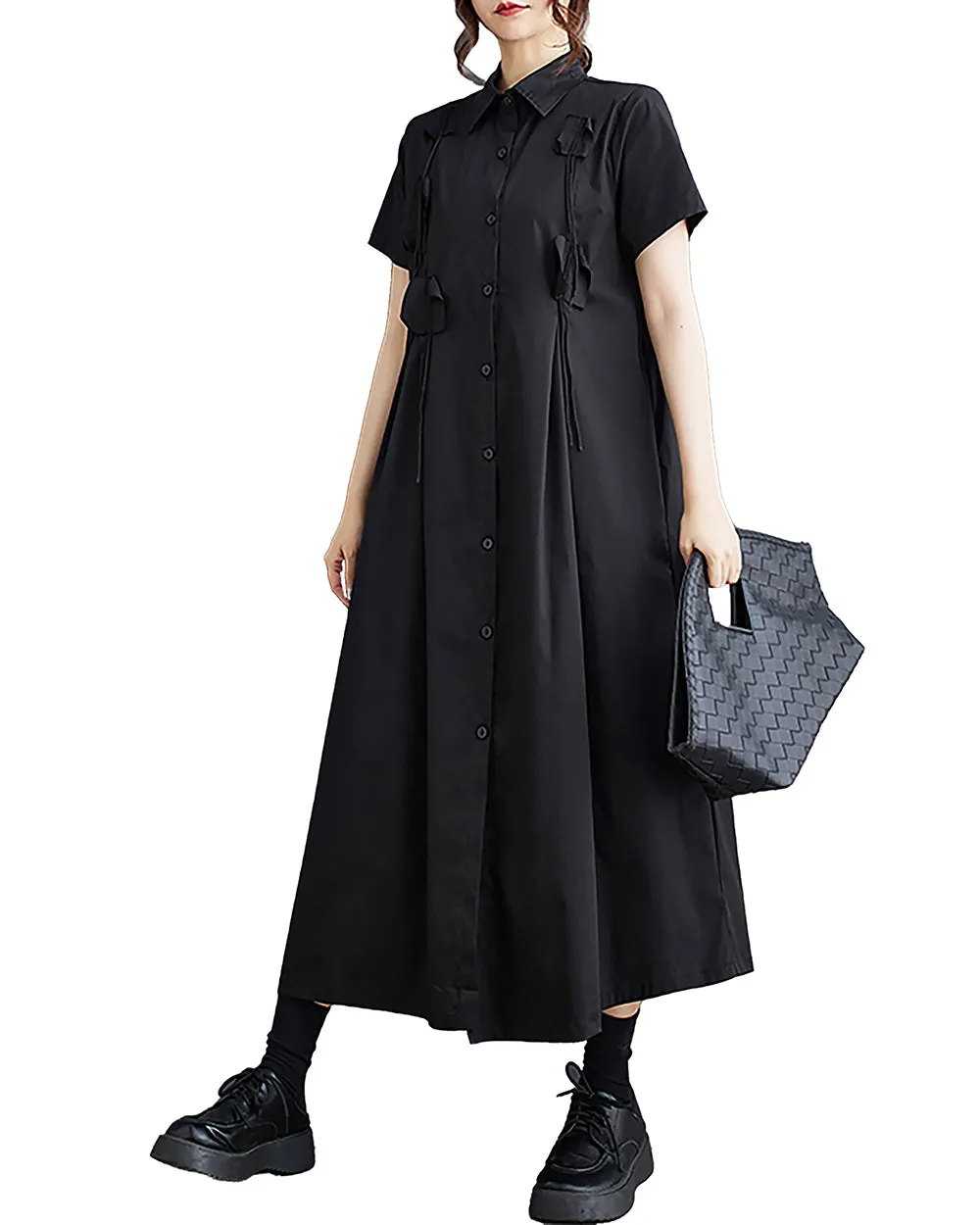 ellazhu Women's Shirt Dress Button Down Short Sleeve Lapel Solid Loose Oversize Flowy Hem Summer GZ229