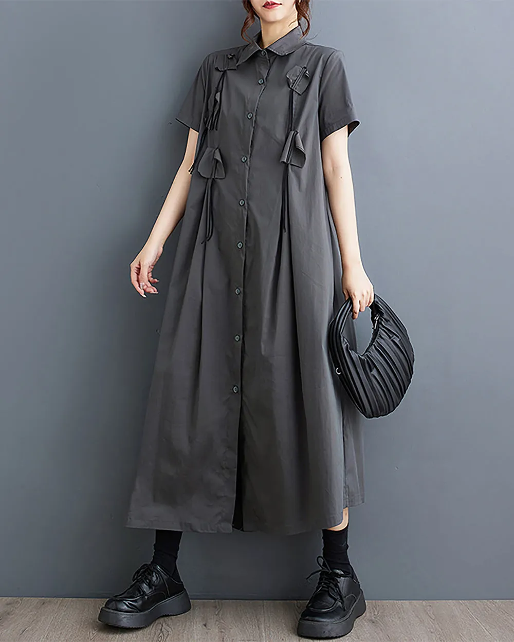 ellazhu Women's Shirt Dress Button Down Short Sleeve Lapel Solid Loose Oversize Flowy Hem Summer GZ229