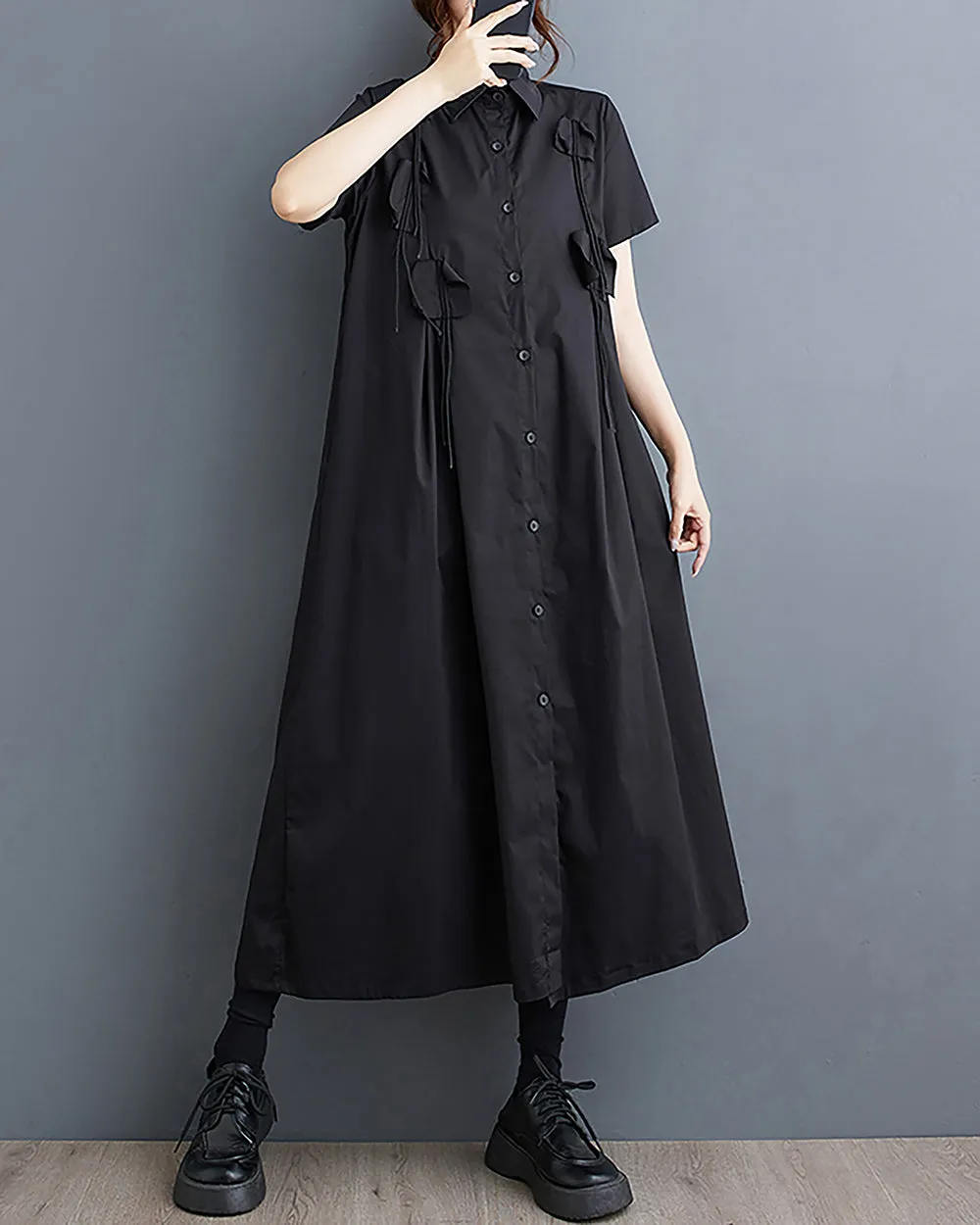 ellazhu Women's Shirt Dress Button Down Short Sleeve Lapel Solid Loose Oversize Flowy Hem Summer GZ229
