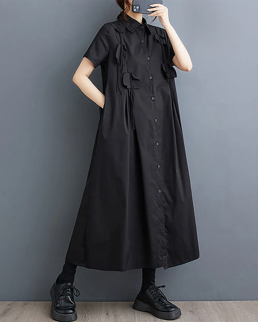 ellazhu Women's Shirt Dress Button Down Short Sleeve Lapel Solid Loose Oversize Flowy Hem Summer GZ229