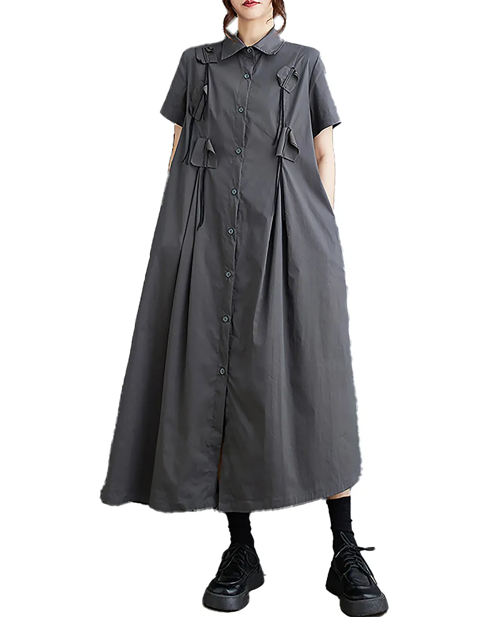 ellazhu Women's Shirt Dress Button Down Short Sleeve Lapel Solid Loose Oversize Flowy Hem Summer GZ229