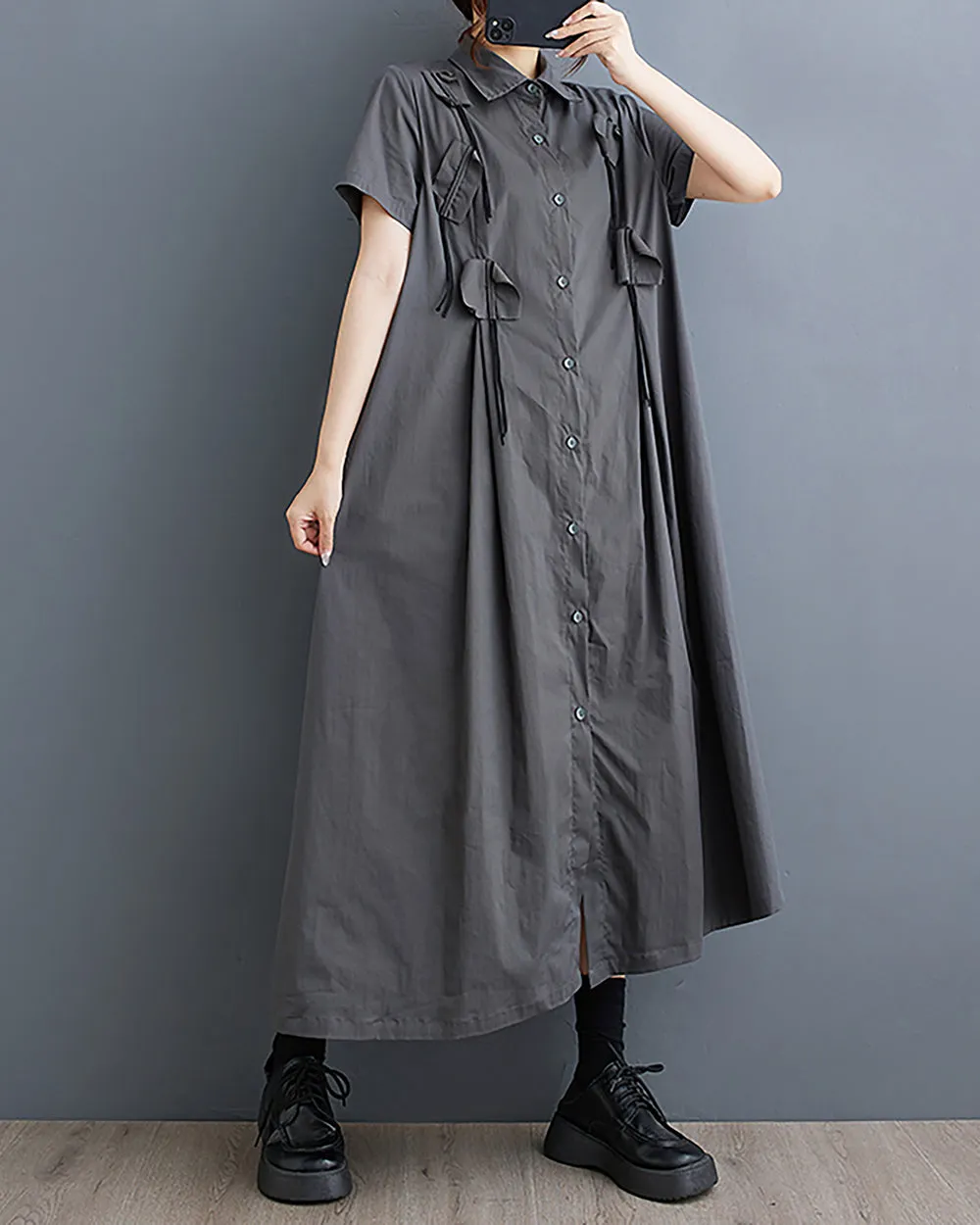 ellazhu Women's Shirt Dress Button Down Short Sleeve Lapel Solid Loose Oversize Flowy Hem Summer GZ229