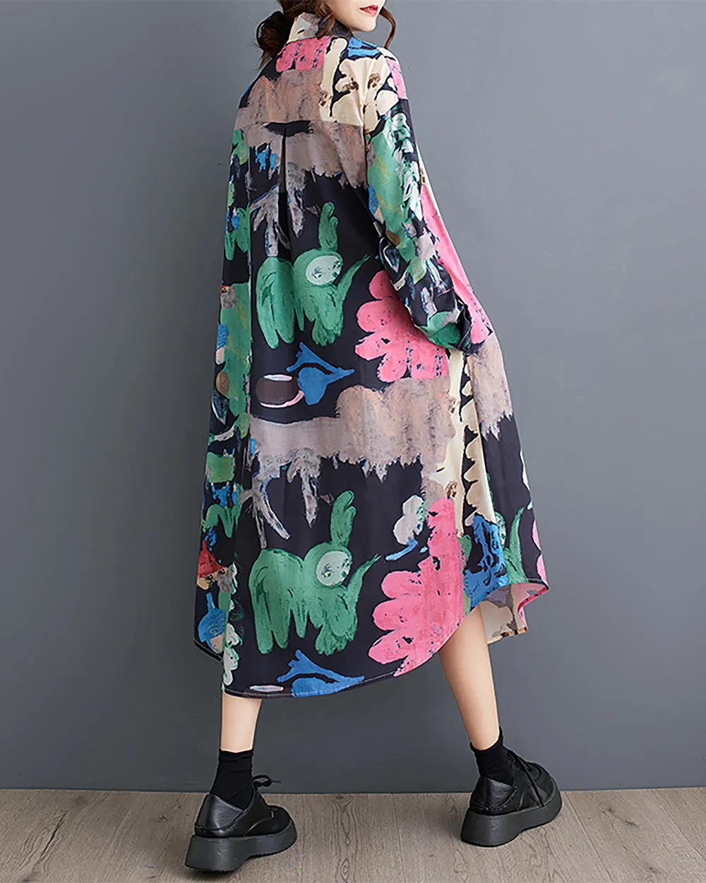 ellazhu Women's Shirt Dress Lapel Button Down Long Sleeve Irregular Hem Oversize Loose Pockets Random Pattern GZ239 Blue