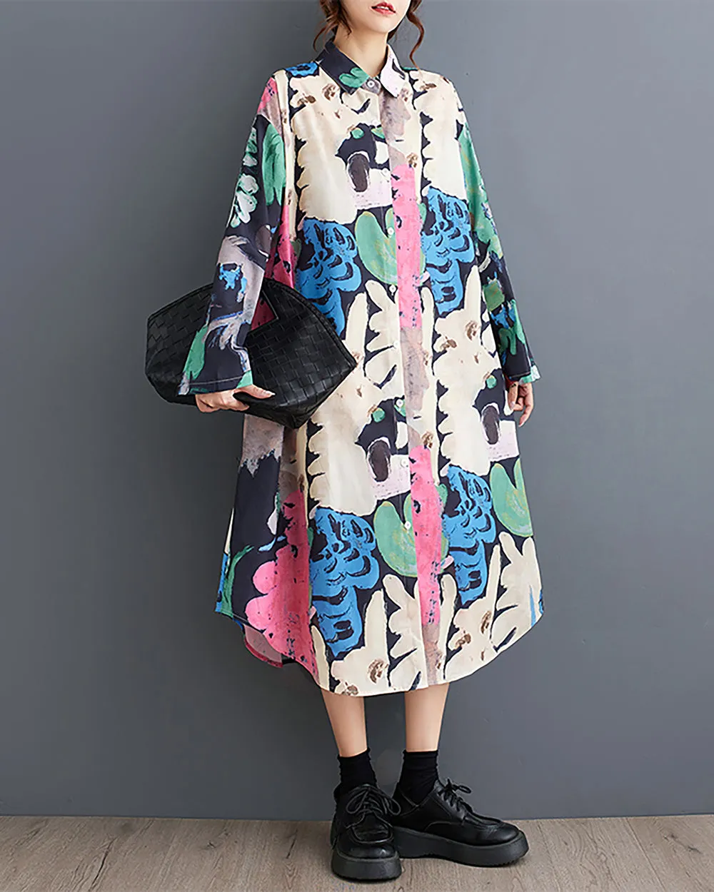 ellazhu Women's Shirt Dress Lapel Button Down Long Sleeve Irregular Hem Oversize Loose Pockets Random Pattern GZ239 Blue