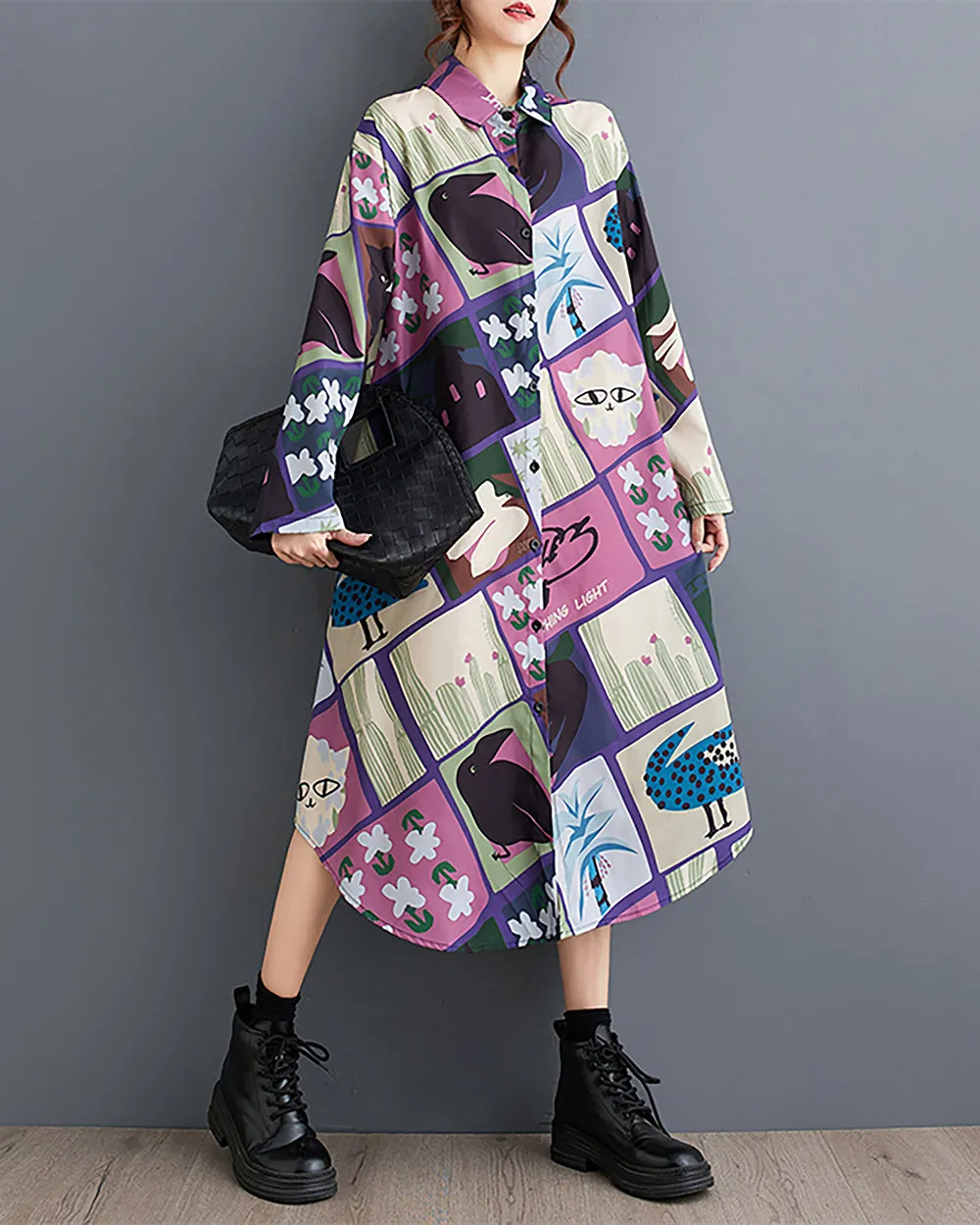 ellazhu Women's Shirt Dress Lapel Button Down Long Sleeve Irregular Hem Oversize Loose Pockets Random Pattern GZ239 Blue
