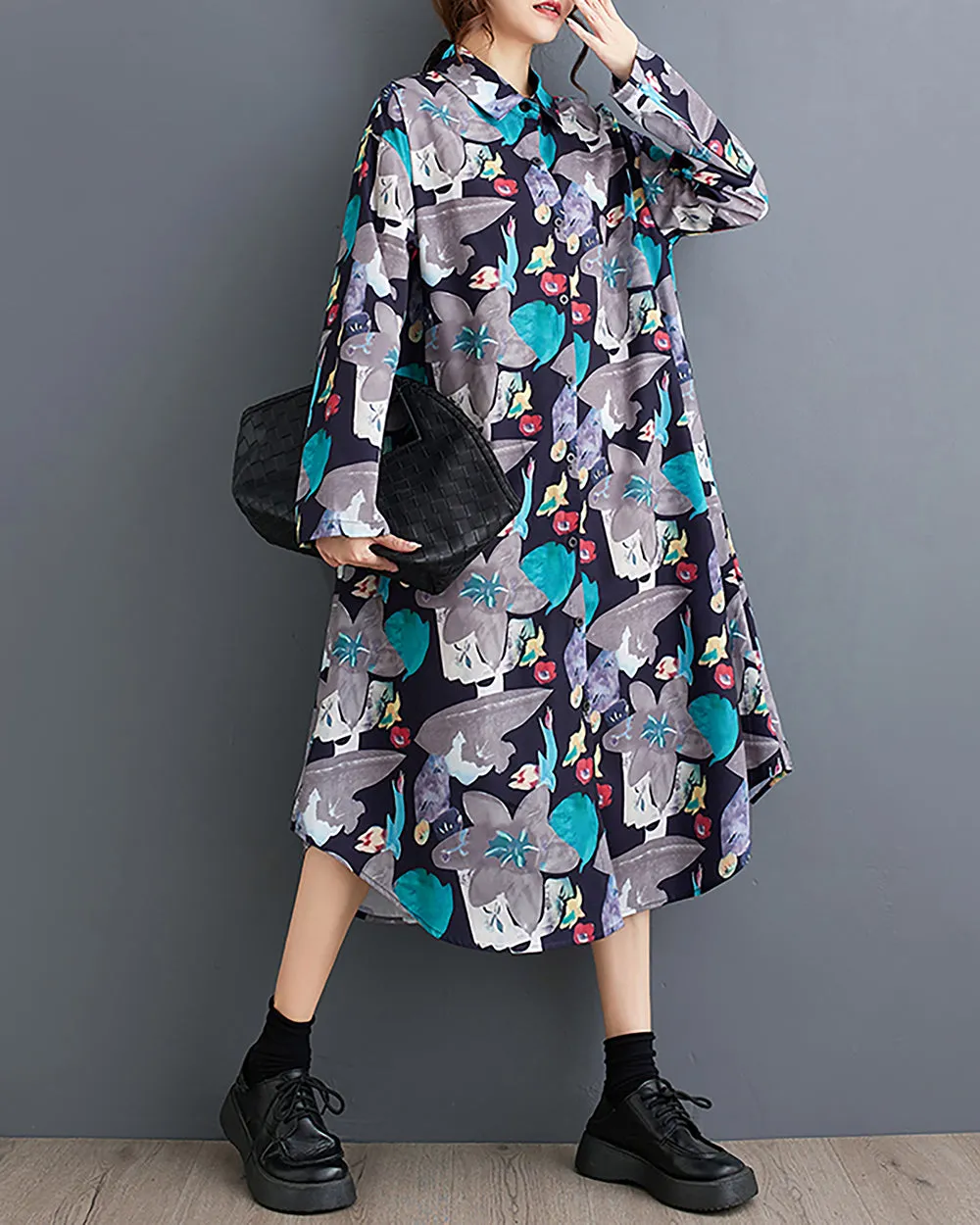 ellazhu Women's Shirt Dress Lapel Button Down Long Sleeve Irregular Hem Oversize Loose Pockets Random Pattern GZ239 Blue