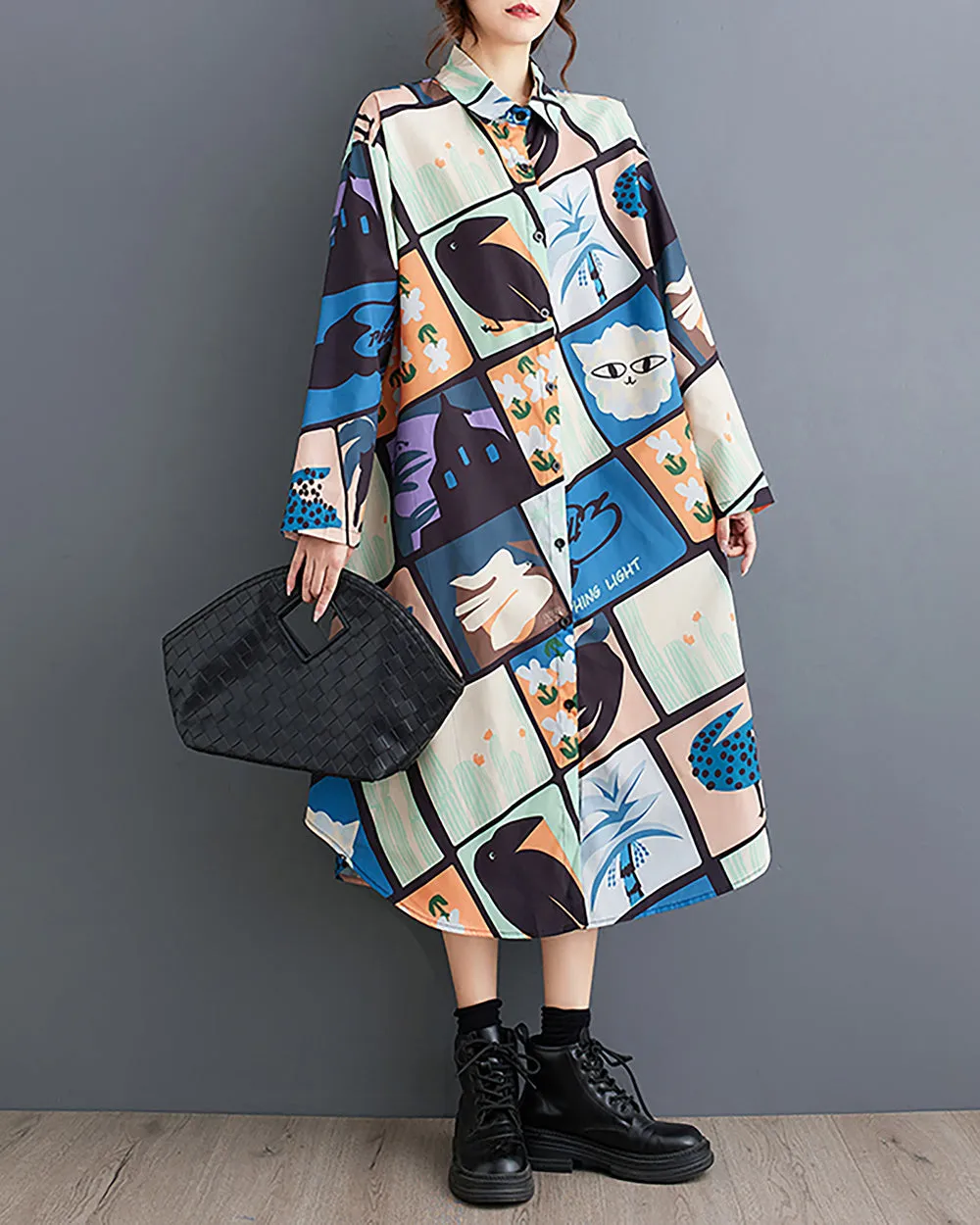 ellazhu Women's Shirt Dress Lapel Button Down Long Sleeve Irregular Hem Oversize Loose Pockets Random Pattern GZ239 Blue