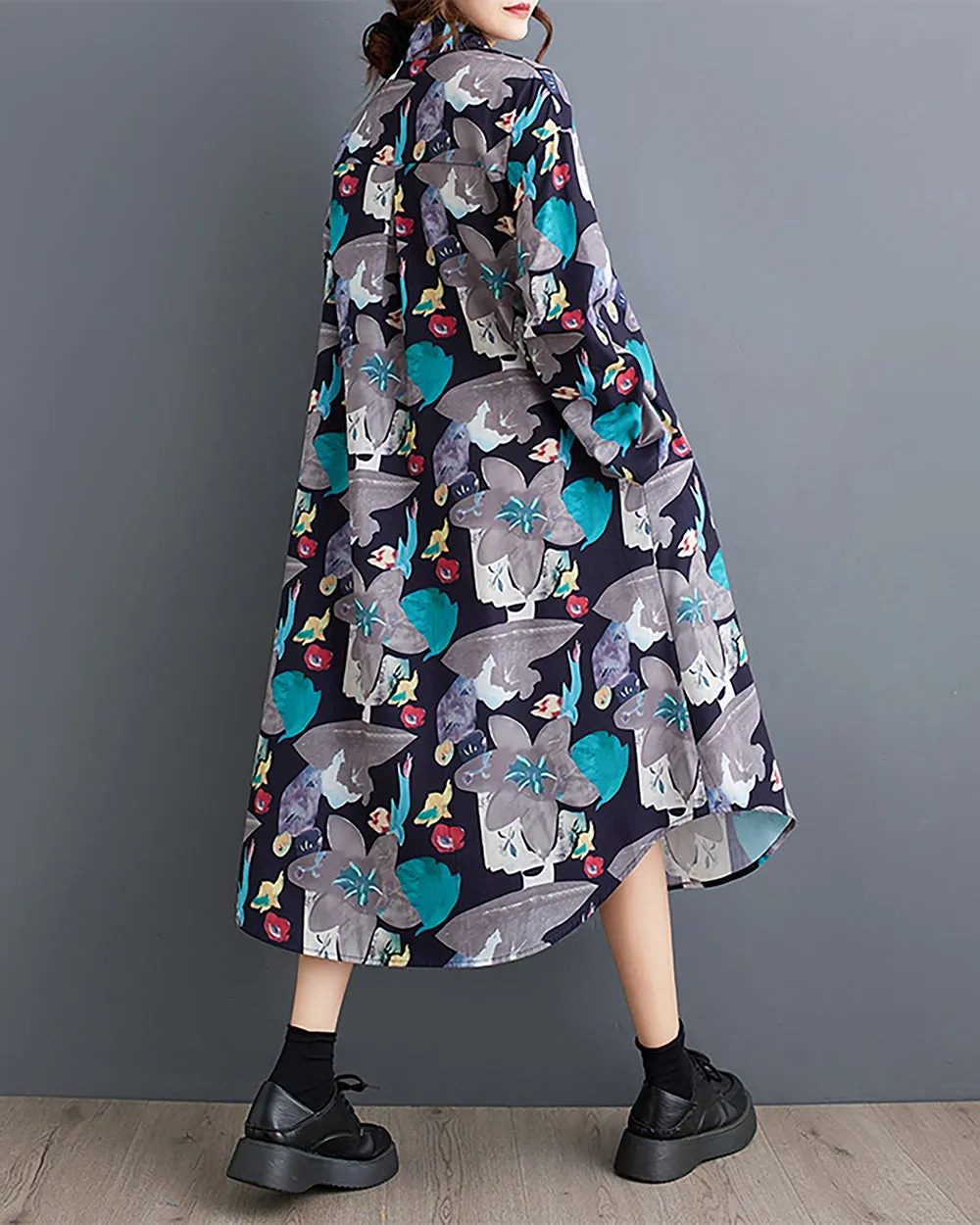 ellazhu Women's Shirt Dress Lapel Button Down Long Sleeve Irregular Hem Oversize Loose Pockets Random Pattern GZ239 Blue