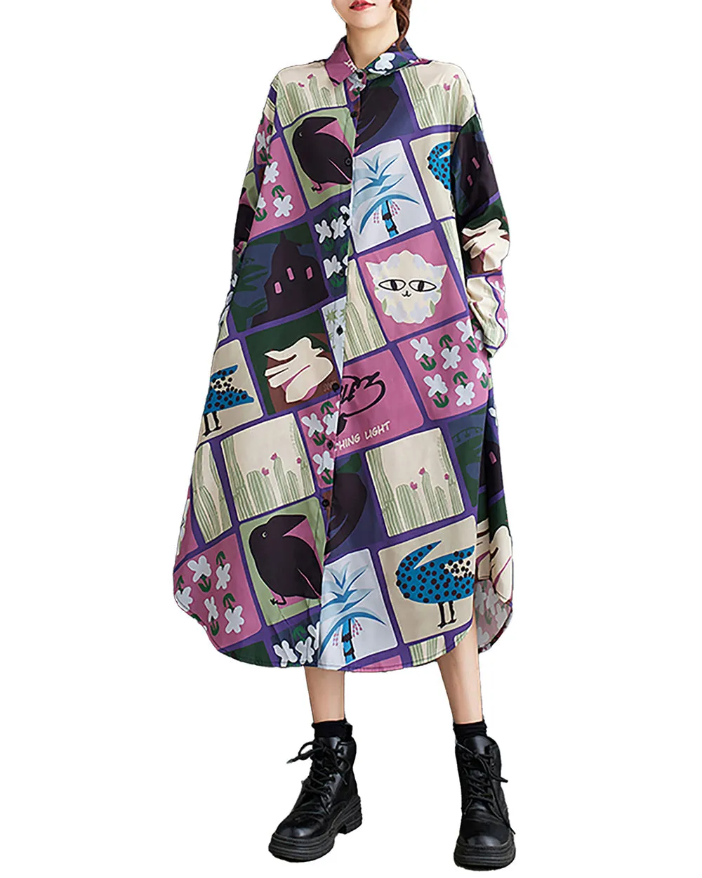 ellazhu Women's Shirt Dress Lapel Button Down Long Sleeve Irregular Hem Oversize Loose Pockets Random Pattern GZ239 Blue